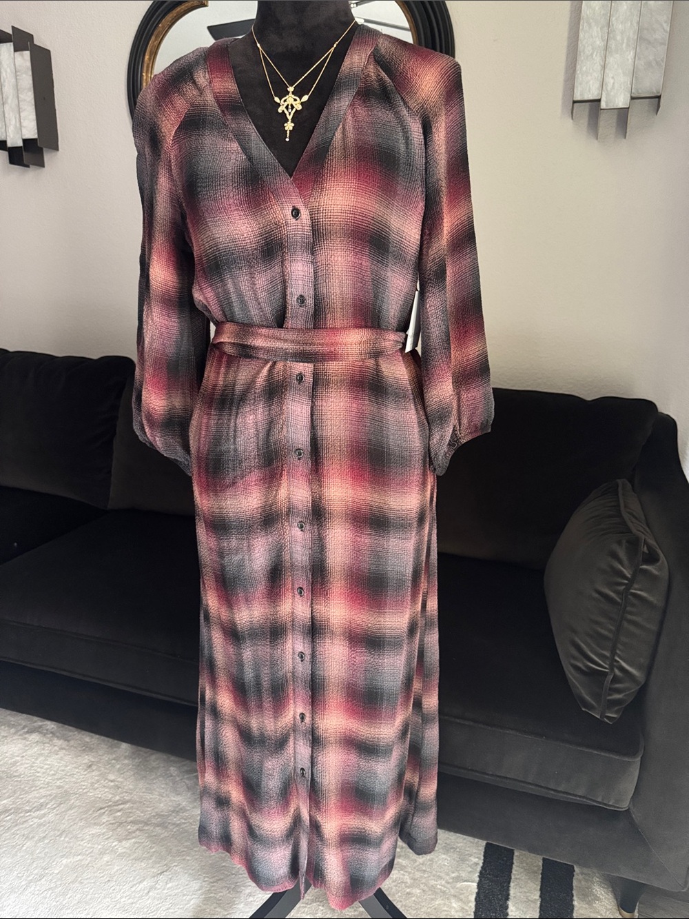 Bella Dahl Pink and Black Plaid Button-Front Maxi Dress